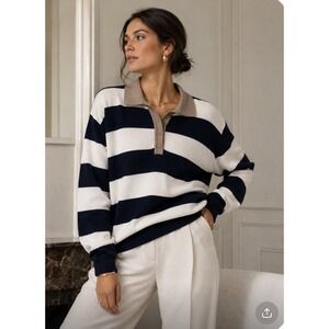 One Grey Day Anthropologie Striped Rugby Polo Sweater Cotton Silk Navy Ivory M